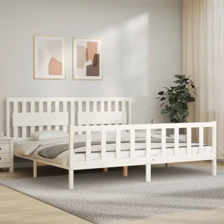 White solid wood bed frame with headboard 200x200 cm by vidaXL, Beds and slatted bases - Ref: Foro24-3192447, Price: 182,00 €...