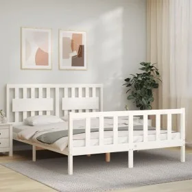 Weißer Massivholzbettrahmen mit Kopfteil 160x200 cm von vidaXL, Betten und Lattenroste - Ref: Foro24-3192437, Preis: 162,48 €...