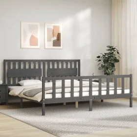 Gray solid wood bed frame with headboard 200x200 cm by vidaXL, Beds and slatted bases - Ref: Foro24-3192448, Price: 183,62 €,...