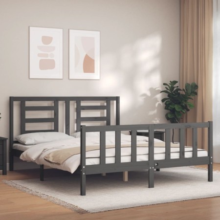 Estructura de cama matrimonio con cabecero madera maciza gris de vidaXL, Camas y somieres - Ref: Foro24-3192888, Precio: 151,...