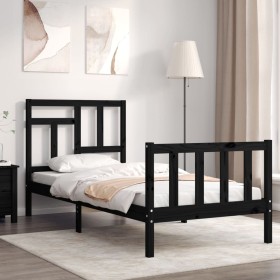 Estructura de cama individual con cabecero madera maciza negro de vidaXL, Camas y somieres - Ref: Foro24-3193105, Precio: 119...