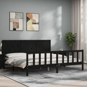 Bed frame with black solid wood headboard 200x200 cm by vidaXL, Beds and slatted bases - Ref: Foro24-3192645, Price: 226,25 €...
