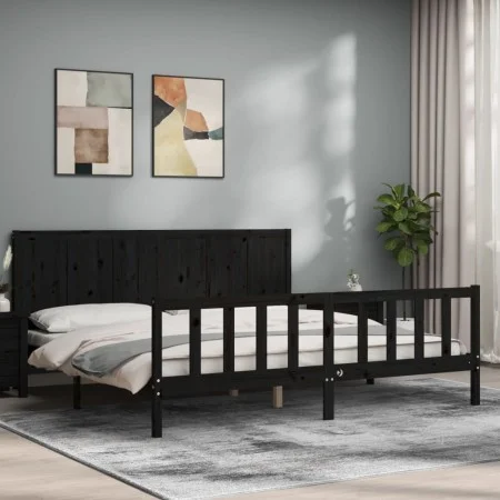 Bed frame with black solid wood headboard 200x200 cm by vidaXL, Beds and slatted bases - Ref: Foro24-3192645, Price: 226,25 €...