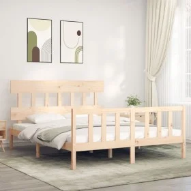 Bed frame with solid wood headboard 160x200 cm by vidaXL, Beds and slatted bases - Ref: Foro24-3193346, Price: 128,42 €, Disc...