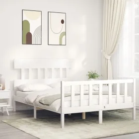 White solid wood bed frame with headboard 140x190 cm by vidaXL, Beds and slatted bases - Ref: Foro24-3193317, Price: 131,39 €...