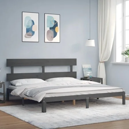 Gray solid wood bed frame with headboard 200x200cm by vidaXL, Beds and slatted bases - Ref: Foro24-3193553, Price: 172,52 €, ...