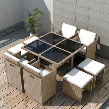 Set comedor de jardín 9 piezas y cojines ratán sintético beige en Conjuntos de jardín | Comprar online en Foru.es