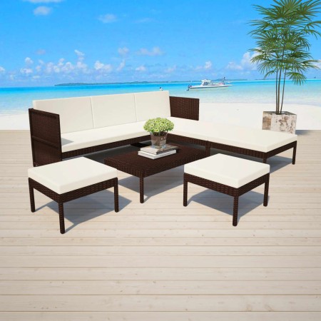 Set muebles de jardín 6 piezas y cojines ratán sintético marrón en Conjuntos de jardín | Comprar online en Foru.es