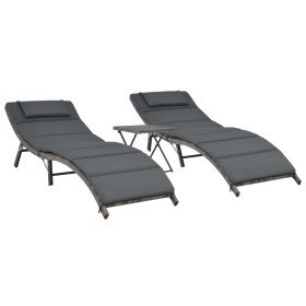 Set de muebles de jardín plegables 3 pzas ratán sintético gris en Tumbonas | Comprar online en Foru.es