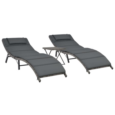 Set de muebles de jardín plegables 3 pzas ratán sintético gris en Tumbonas | Comprar online en Foru.es