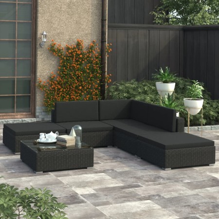Set muebles de jardín 6 piezas y cojines ratán sintético negro en Conjuntos de jardín | Comprar online en Foru.es