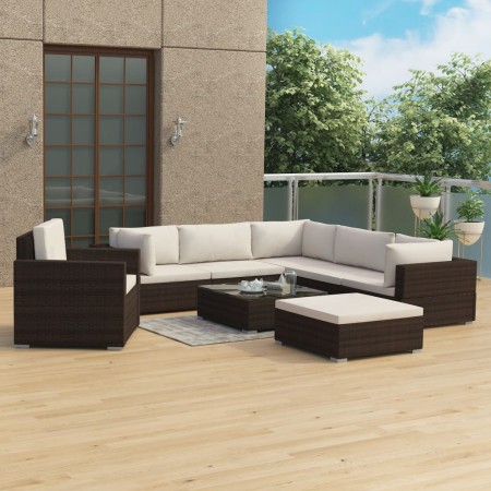 Set muebles de jardín 8 piezas y cojines ratán sintético marrón en Conjuntos de jardín | Comprar online en Foru.es