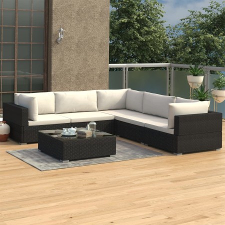 Set muebles de jardín 6 piezas y cojines ratán sintético negro en Conjuntos de jardín | Comprar online en Foru.es