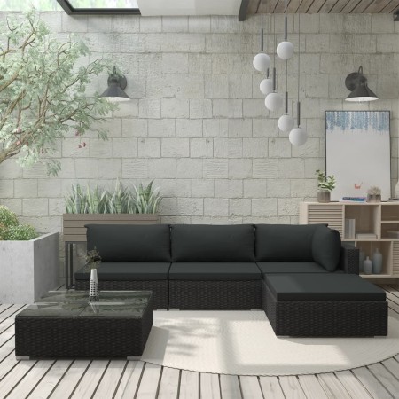 Set muebles de jardín 5 piezas y cojines ratán sintético negro en Conjuntos de jardín | Comprar online en Foru.es