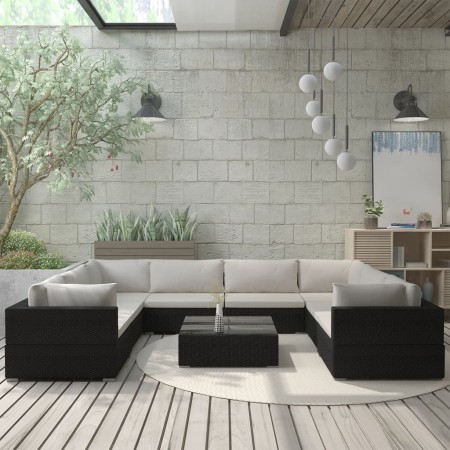 Set de muebles de jardín 9 pzas y cojines ratán sintético negro en Conjuntos de jardín | Comprar online en Foru.es