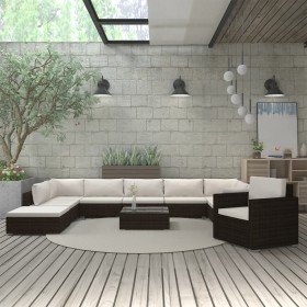 Set muebles de jardín 11 piezas con cojines ratán sintético marrón en Conjuntos de jardín | Comprar online en Foru.es