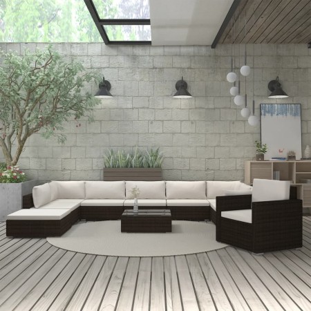 Set muebles de jardín 11 piezas con cojines ratán sintético marrón en Conjuntos de jardín | Comprar online en Foru.es
