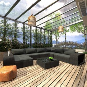 Set muebles de jardín 10 piezas y cojines ratán sintético negro en Conjuntos de jardín | Comprar online en Foru.es