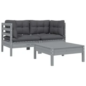 Gartenmöbel-Set 3-teilig mit grauen Kissen aus massivem Kiefernholz. von vidaXL, Modulare Sofas für den Außenbereich - Ref: F...