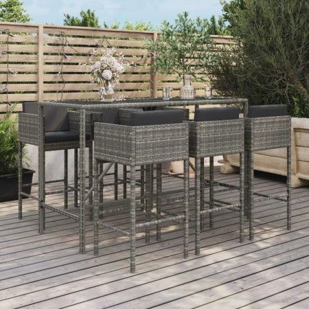 Mesa y taburetes altos jardín y cojines 7 pzas ratán PE gris de vidaXL, Conjuntos de jardín - Ref: Foro24-3200653, Precio: 59...