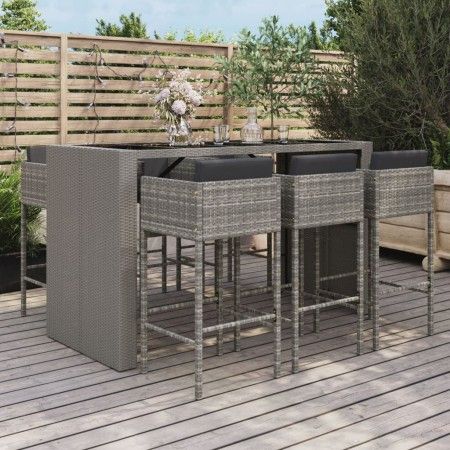 Mesa y taburetes altos jardín y cojines 7 pzas ratán PE gris de vidaXL, Conjuntos de jardín - Ref: Foro24-3200665, Precio: 64...