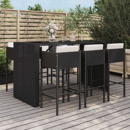 Mesa y taburetes altos jardín y cojines 7 pzas ratán PE negro de vidaXL, Conjuntos de jardín - Ref: Foro24-3200664, Precio: 7...