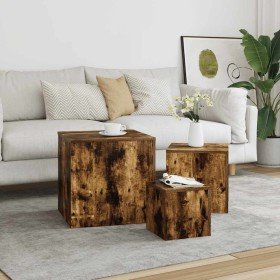 Mesitas auxiliares 3 piezas madera contrachapada roble ahumado en Mesas auxiliares | Comprar online en Foru.es