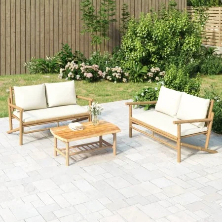 Banco de jardín de bambú con cojines blanco crema de vidaXL, Sofás modulares de exterior - Ref: Foro24-363460, Precio: 176,68...