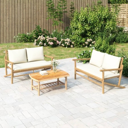Banco de jardín de bambú con cojines blanco crema de vidaXL, Sofás modulares de exterior - Ref: Foro24-363460, Precio: 180,80...