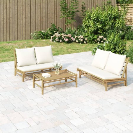 Banco de jardín de bambú con cojines blanco crema de vidaXL, Sofás modulares de exterior - Ref: Foro24-363453, Precio: 231,49...