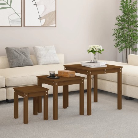 Mesas apilables 3 piezas madera maciza de pino marrón miel de vidaXL, Mesas auxiliares - Ref: Foro24-824976, Precio: 68,22 €,...