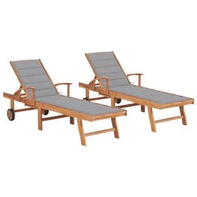 Tumbonas 2 unidadesds madera maciza de teca con cojín gris en Tumbonas | Comprar online en Foru.es