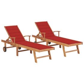 Tumbonas 2 uds madera maciza de teca con cojín rojo en Tumbonas | Comprar online en Foru.es