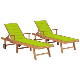 Tumbonas 2 unidades madera maciza teca con cojín verde chillón en Tumbonas | Comprar online en Foru.es