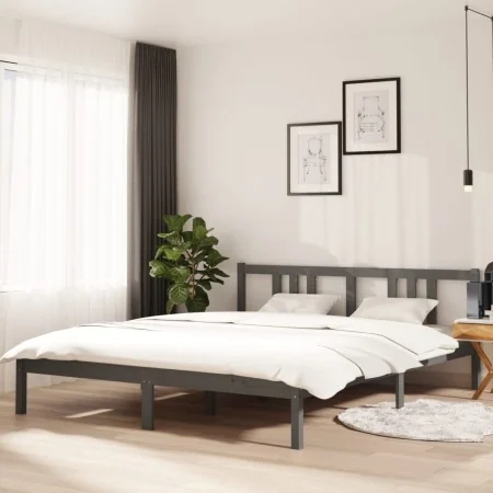 Estructura de cama de madera maciza gris 160x200 cm de vidaXL, Camas y somieres - Ref: Foro24-814896, Precio: 119,94 €, Descu...
