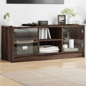 Mueble de TV con puertas de vidrio marrón roble 102x37x42 cm en Muebles TV | Comprar online en Foru.es