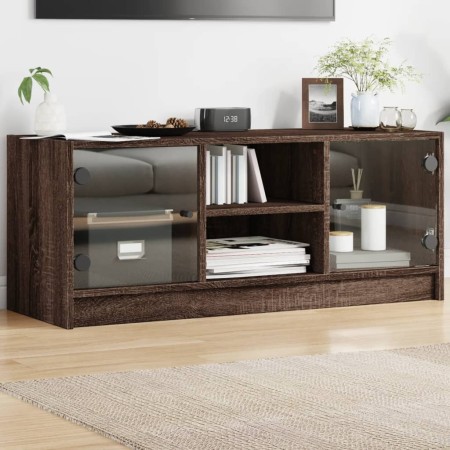 Mueble de TV con puertas de vidrio marrón roble 102x37x42 cm en Muebles TV | Comprar online en Foru.es
