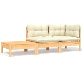 Muebles de jardín 3 piezas madera maciza pino con cojines crema de vidaXL, Sofás modulares de exterior - Ref: Foro24-806670, ...