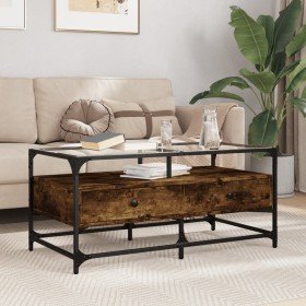 Mesa de centro tapa de vidrio acero roble ahumado 98,5x50x45cm en Mesas de centro | Comprar online en Foru.es