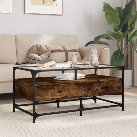 Mesa de centro tapa de vidrio acero roble ahumado 98,5x50x45cm en Mesas de centro | Comprar online en Foru.es