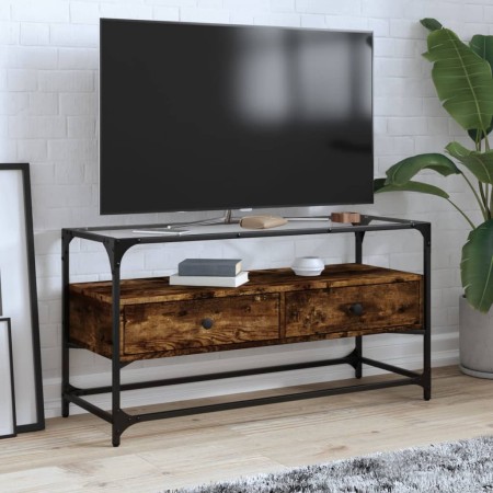 Mueble TV cristal y madera ingeniería roble ahumado 98x35x51 cm en Muebles TV | Comprar online en Foru.es