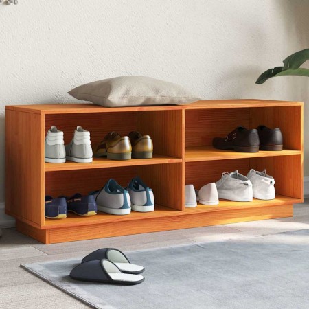Mueble zapatero madera maciza de pino marrón cera 110x34x45 cm en Zapateros y organizadores de calzado | Comprar online en Foru.