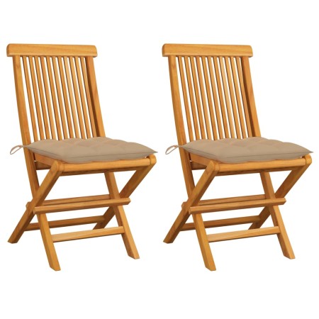 Sillas de jardín 2 unidades madera de teca con cojines beige de vidaXL, Sillas de jardín - Ref: Foro24-3062478, Precio: 142,6...