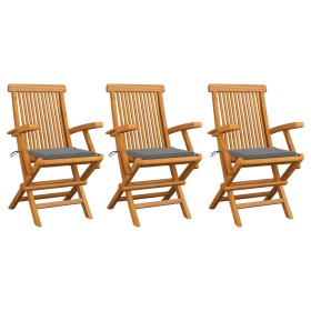 Sillas de jardín 3 uds con cojines grises madera de teca de vidaXL, Sillas de jardín - Ref: Foro24-3062515, Precio: 240,79 €,...