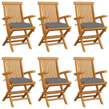 Sillas de jardín 6 uds madera maciza de teca con cojines grises de vidaXL, Sillas de jardín - Ref: Foro24-3062557, Precio: 44...