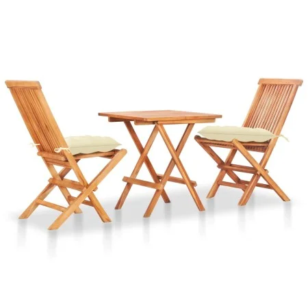 Set de bistró 3 pzas madera maciza teca y cojines blanco crema de vidaXL, Conjuntos de jardín - Ref: Foro24-3063242, Precio: ...