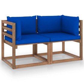 Sofá de jardín de palets de 2 plazas con cojines azules de vidaXL, Conjuntos de jardín - Ref: Foro24-3067282, Precio: 125,20 ...