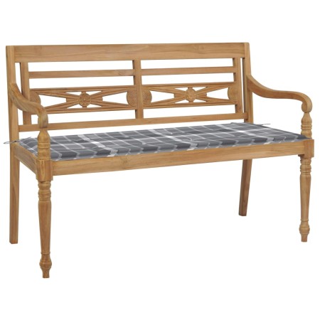 Banco Batavia madera maciza teca y cojín a cuadros gris 120 cm de vidaXL, Bancos de jardín - Ref: Foro24-3062168, Precio: 228...