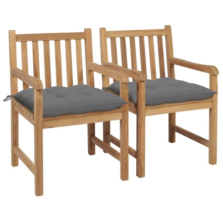 Sillas de jardín 2 uds madera maciza de teca con cojines grises de vidaXL, Sillas de jardín - Ref: Foro24-3062746, Precio: 31...