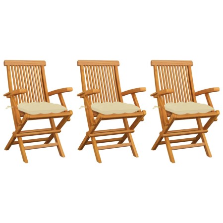 Sillas de jardín 3 uds madera teca con cojines crema blanco de vidaXL, Sillas de jardín - Ref: Foro24-3062531, Precio: 243,94...